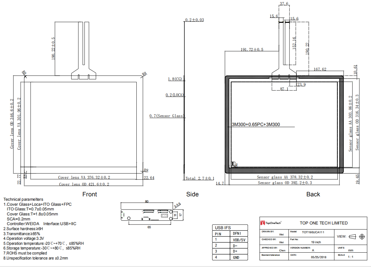 19 inch PCAP touch screen 3D drawing