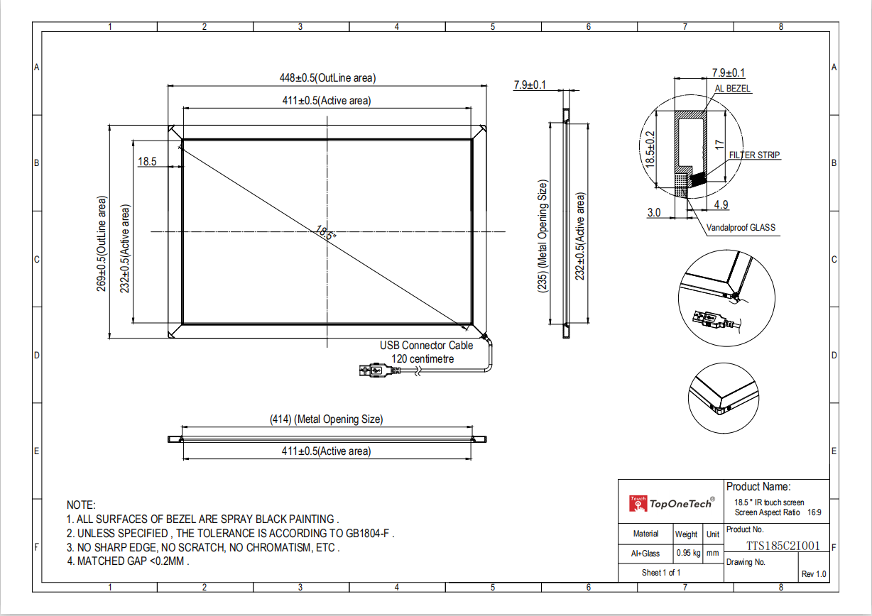 18.5 inch IR touch frame screen 3D drawing