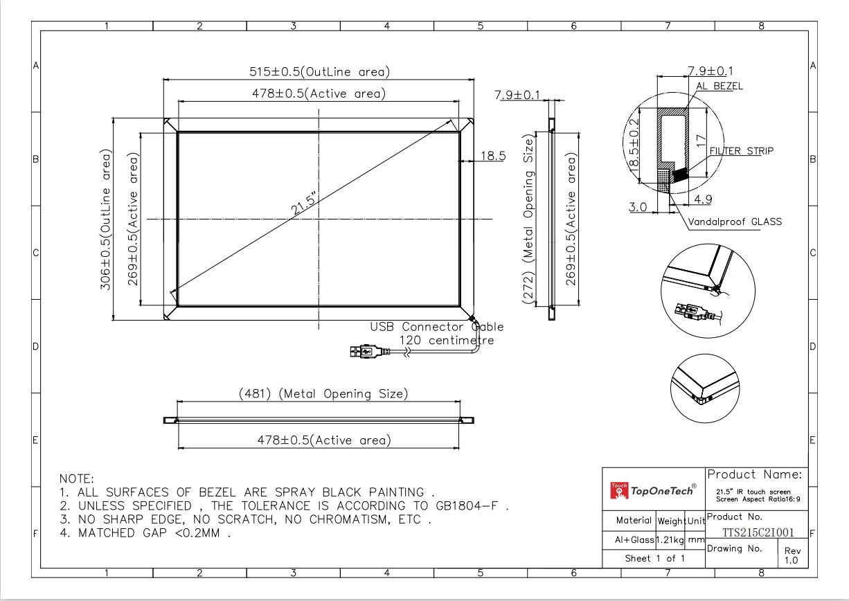 21.5 inch IR touch frame screen 3D drawing